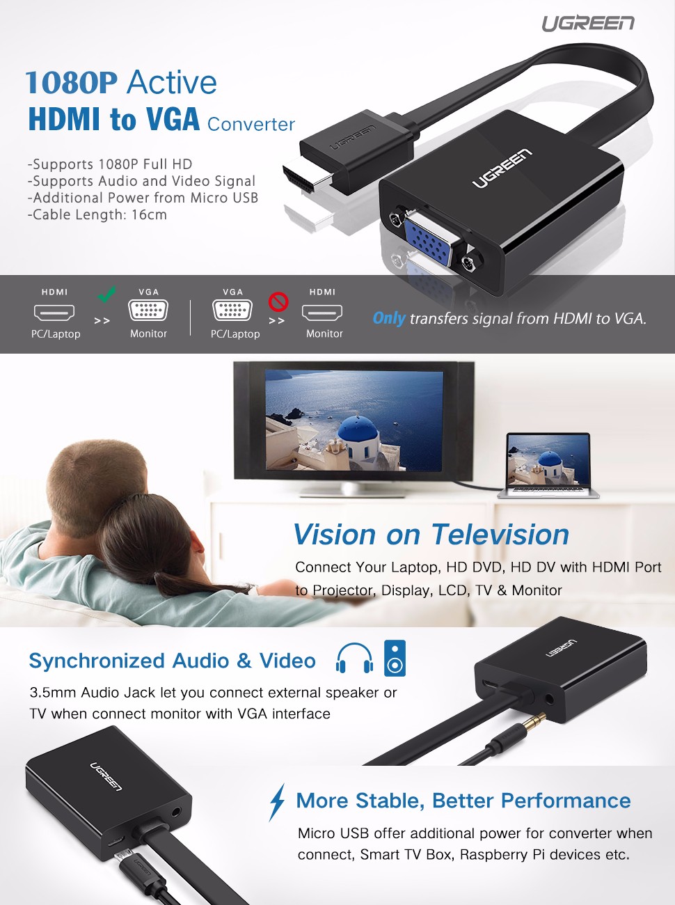 Adaptateur Ugreen HDMI - VGA micro USB / audio mini jack 3,5 mm noir  (40248) - grossiste d'accessoires GSM Hurtel