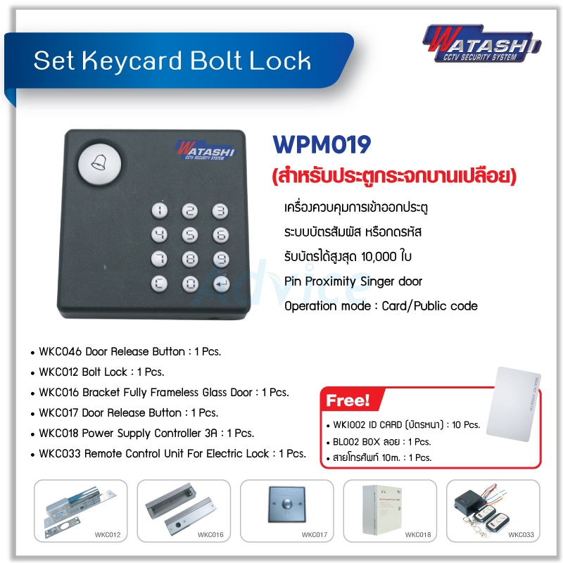 Set.Acc. Ctrl. Keycard Bolt Lock WATASHI#WPM019 (ประตูกระจกบานเปลือย, อุปกรณ์พร้อมติดตั้ง)