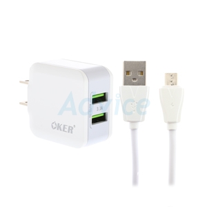 Adapter 2 Ports (USB) Charger+Cable Micro OKER (15W,3.1A/UC-232) White
