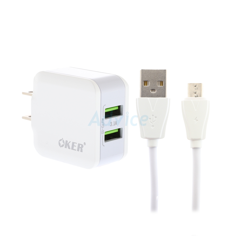 Adapter 2 Ports USB Charger+Cable Micro OKER (15W,3.1A/UC-232) White