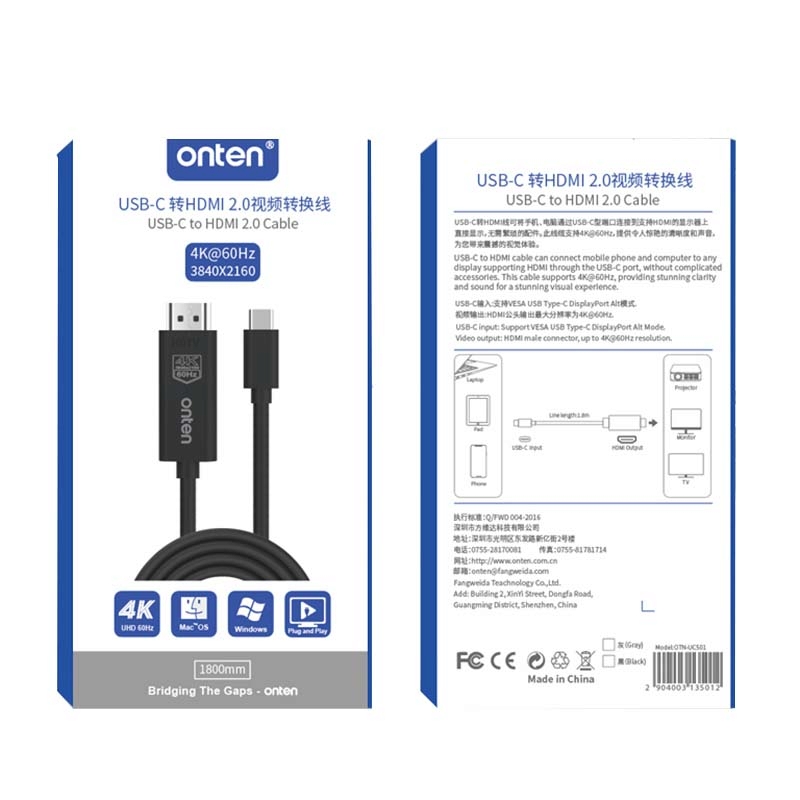 Cable Type-C TO HDMI M/M (1.8M) ONTEN UC501