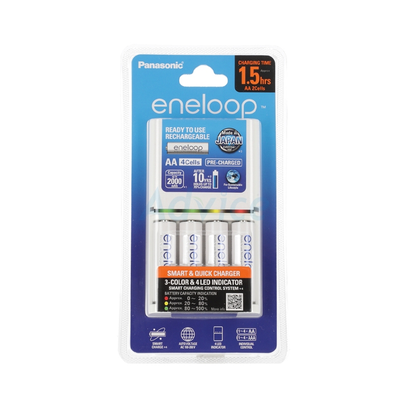 เครื่องชาร์จ 1.5 hrs. ถ่าน Rechargeable Eneloop พานาโซนิค AA (4 ก้อน/แพ็ค)