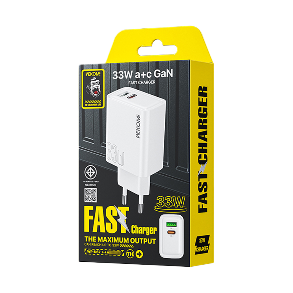 Adapter 2 Ports (1 USB + 1 Type-C) Charger WEKOME (33W,WP-U67) White