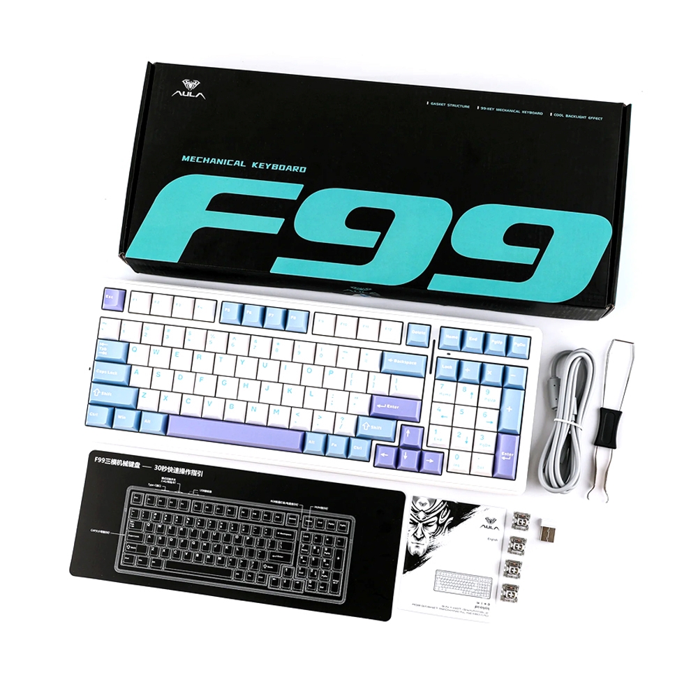 KEYBOARD WIRELESS BLUETOOTH AULA F99 WHITE BLUE PURPLE (GRAYWOOD SWITCH คีย์บอร์ด)
