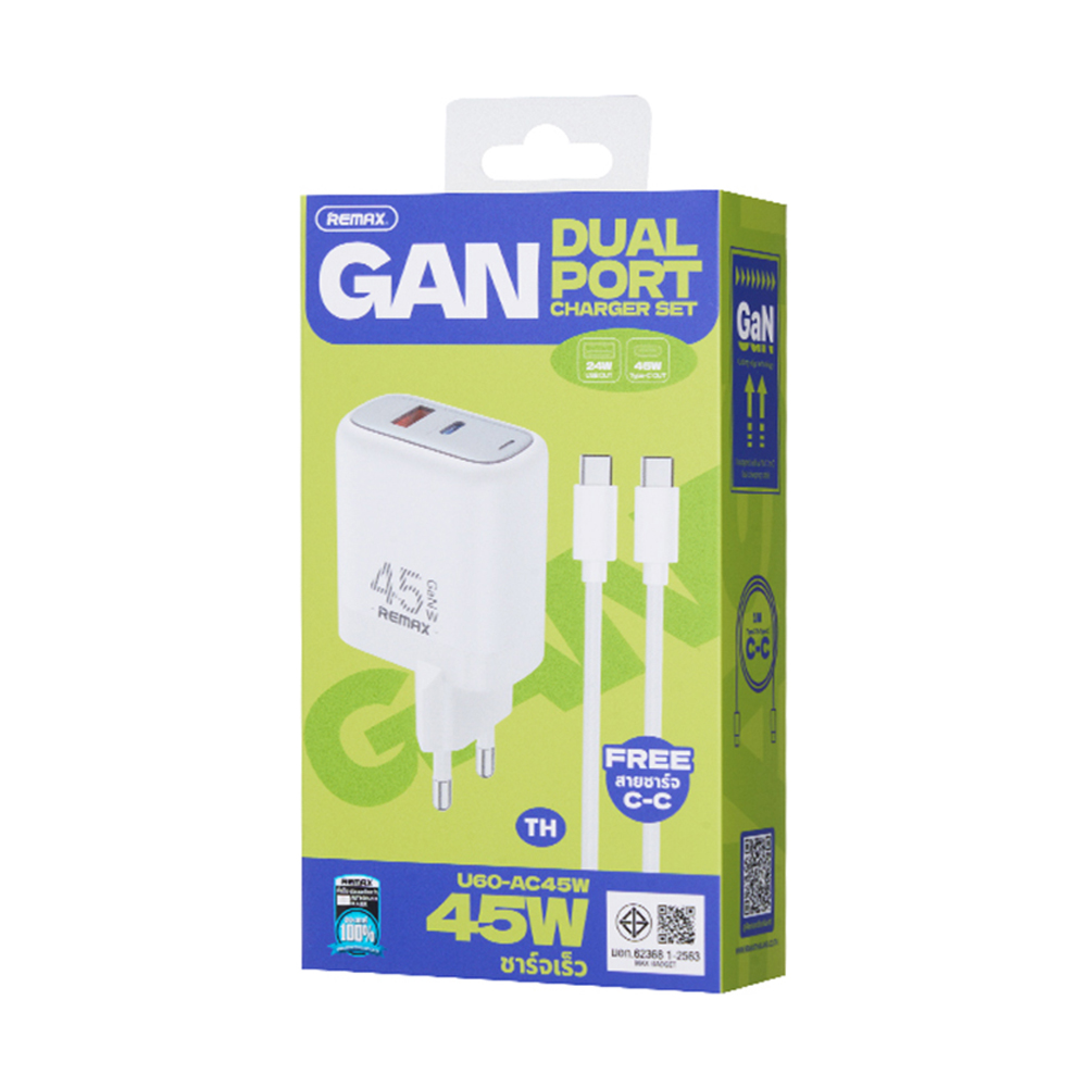Adapter 2 Ports (1 USB + 1 Type-C)+Cable Type-C REMAX (45W,U60) White