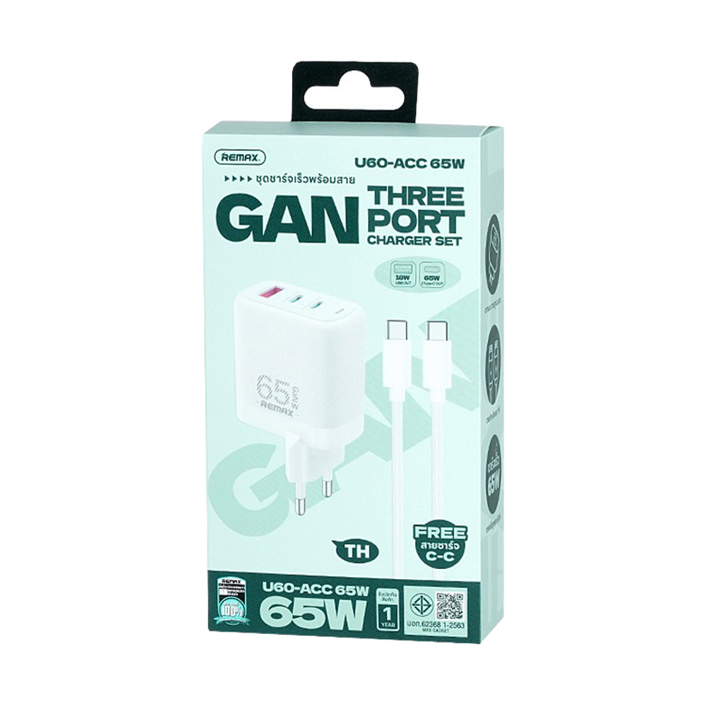 Adapter 2 Ports (Type-C) ) Charger REMAX +Cable Type-C (65W,U60) White