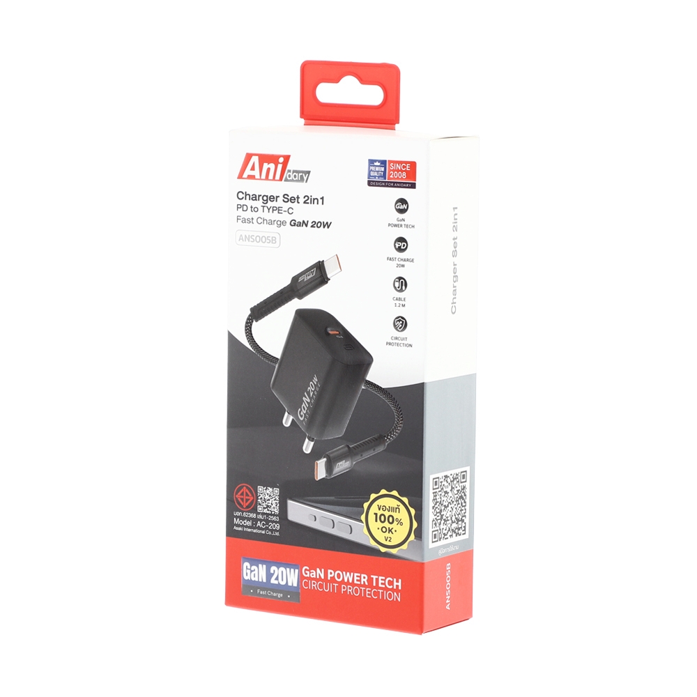 Adapter 1TYPE-C Charger+Cable TYPE-C ANIDARY (20W/ANS005B) Blck                 