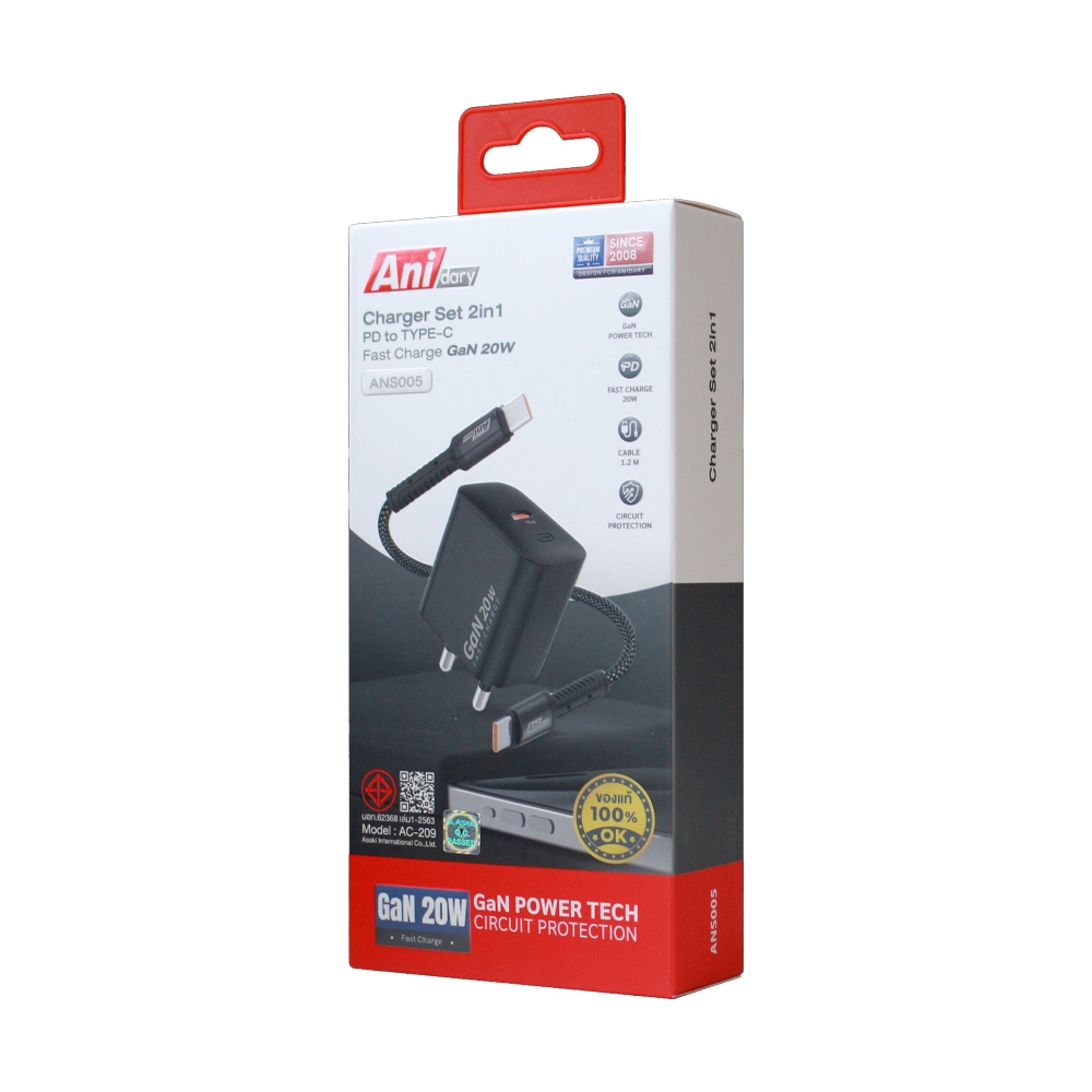 Adapter 1TYPE-C Charger+Cable TYPE-C ANIDARY (20W/ANS005B) Blck                 