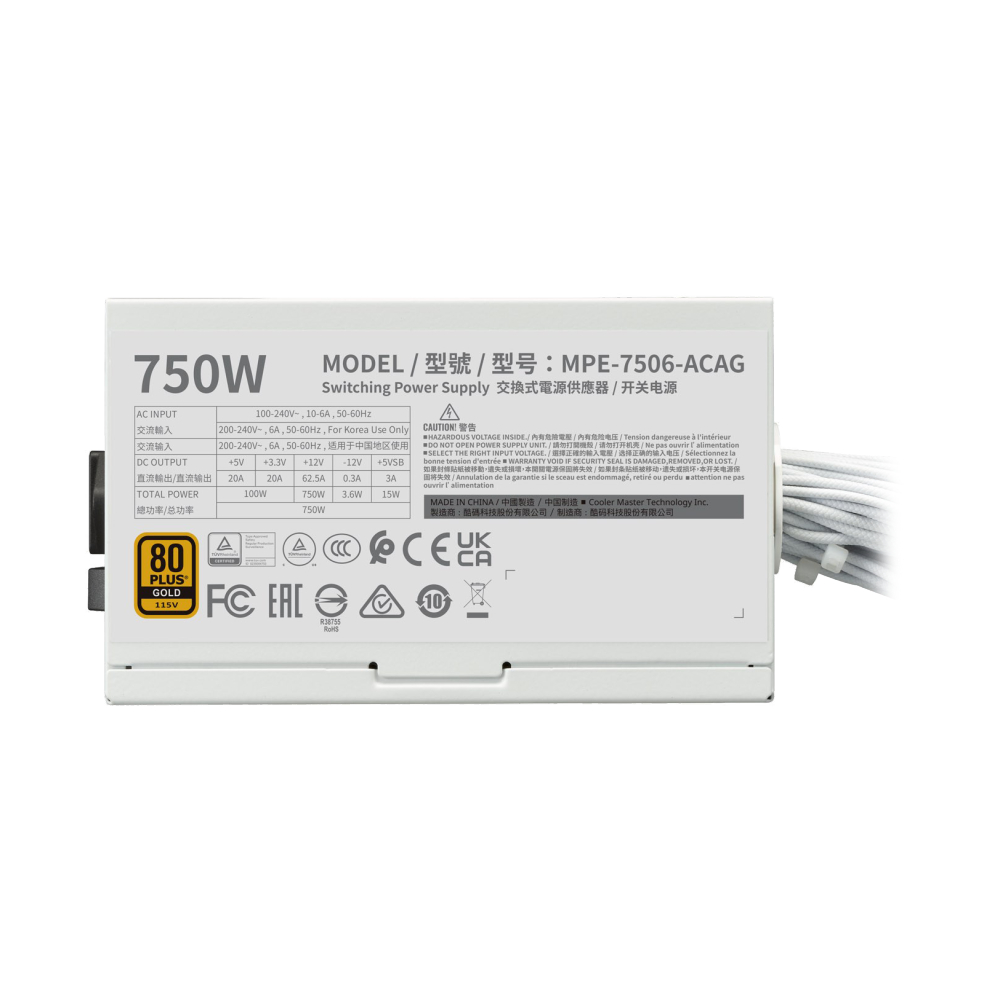 POWER SUPPLY (80+ GOLD) 750W COOLER MASTER MWE V3 NM WHITE (MPE-7506-ACAG-GTH)