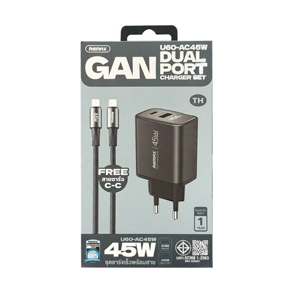 Adapter 2 Ports (1 USB + 1 Type-C)+Cable Type-C REMAX (45W,U60) Black