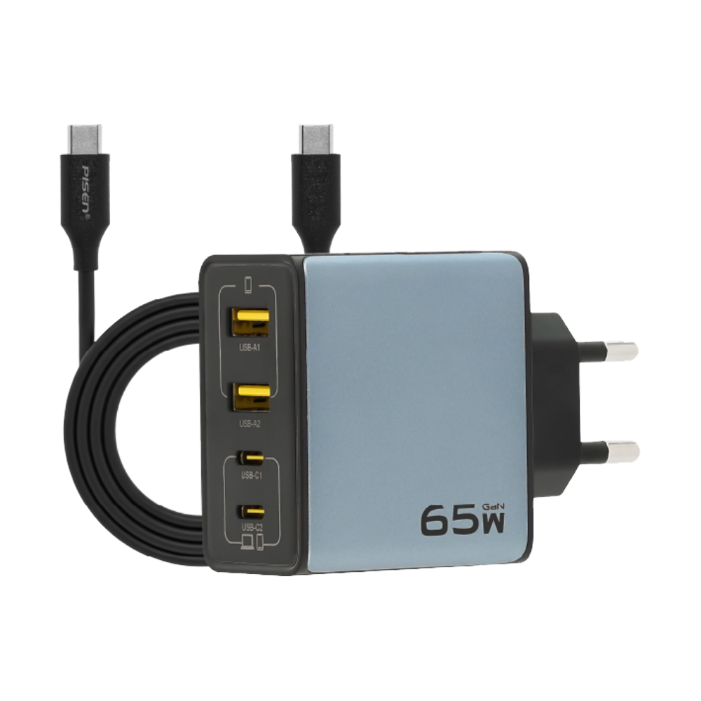Adapter 4 Ports (2 USB + 2 Type-C) PISEN+Cable PISEN (65W,TP-C66) Grey