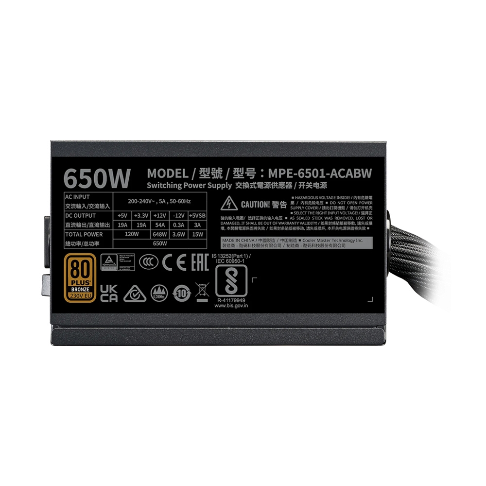 POWER SUPPLY (80+ BRONZE) 650W COOLER MASTER MWE V3 230V (MPE-6501-ACABW-3BEU)